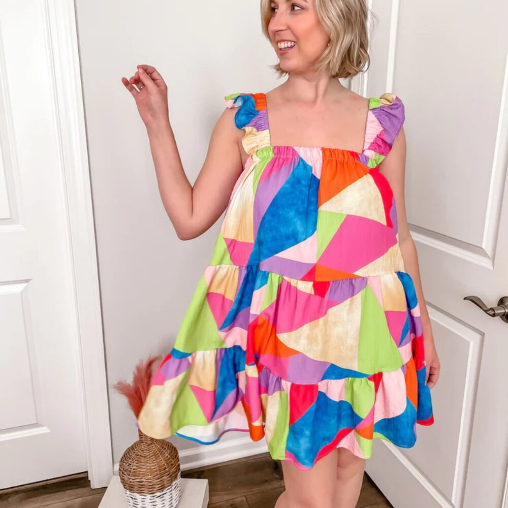 PEACH LOVE Colorblock Babydoll Ruffle Sleeve Tiered Dress - Picture 3 of 11